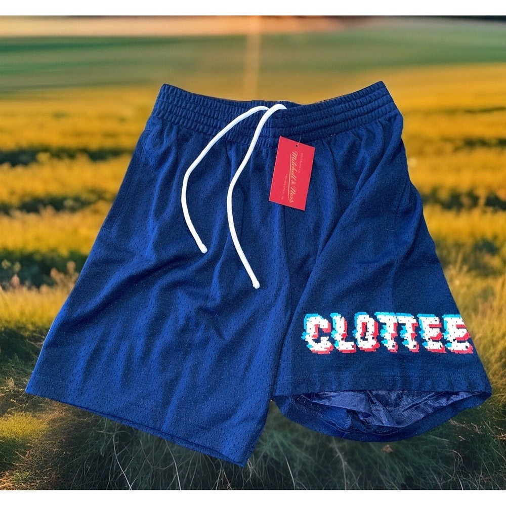 Mitchell & Ness Shorts‎ Men M Navy Blue Lined Clottee Spell Out New With Tags